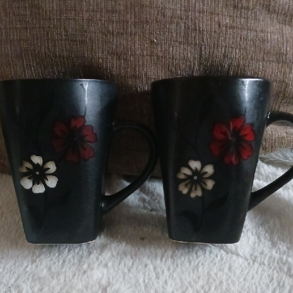 Elegant Black Mugs with Red and White Floral Design